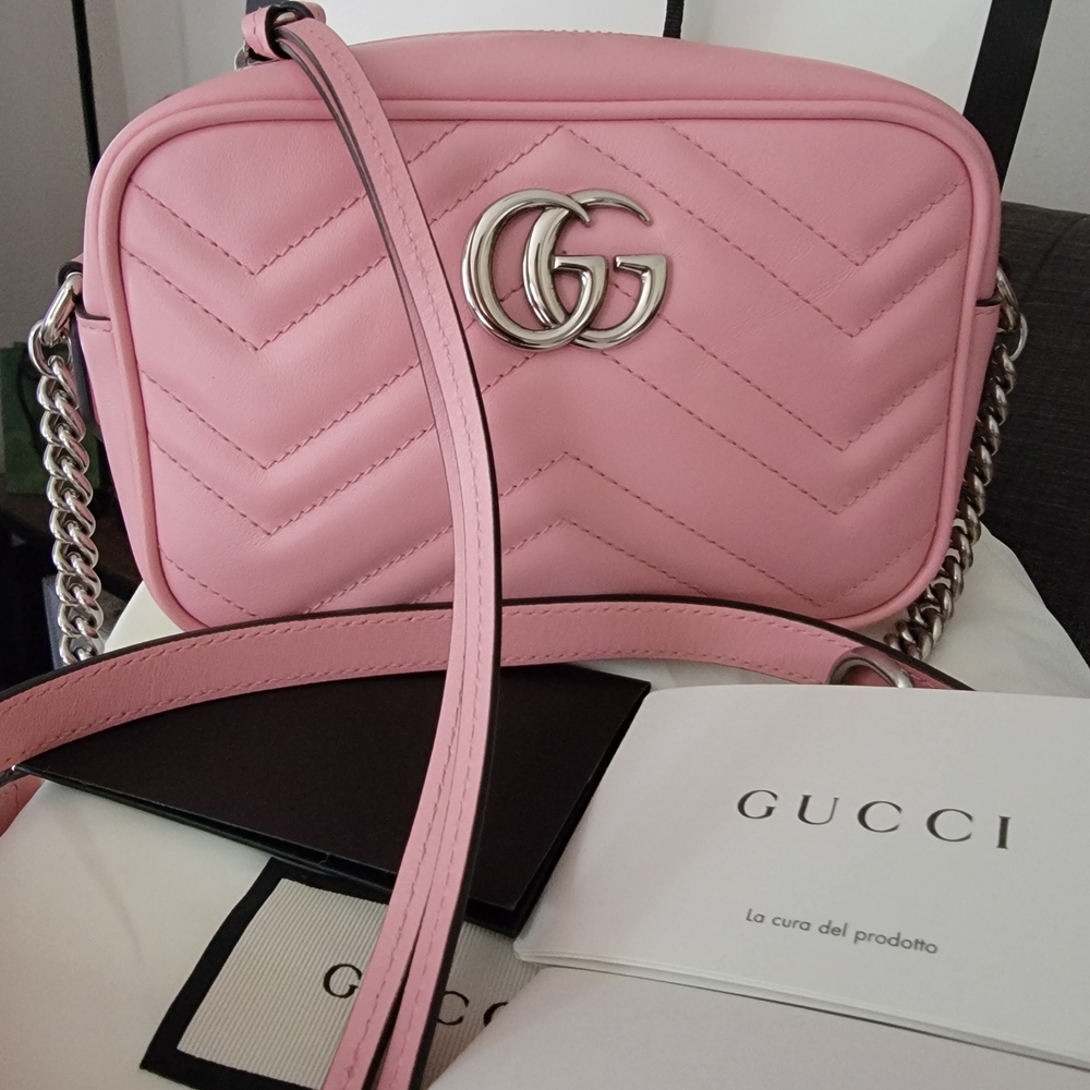 Authentic DOUBLE GG MARMONT MINI PINK LEATHER,CROSSBODY BAG.